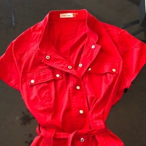 Red Calvin Klein button down dress with a belt